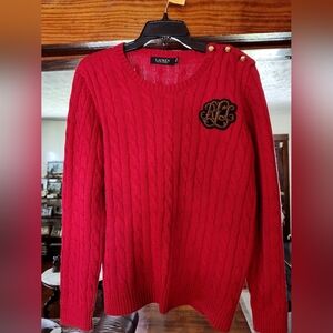 Ralph Lauren Red Cable Knit Sweater with Gold Button Accents